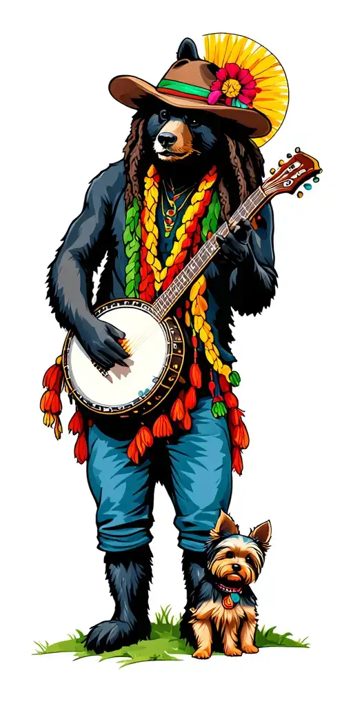 Black Bearin The Mountains Playing A Banjo With A Yorkie And Bob Marley