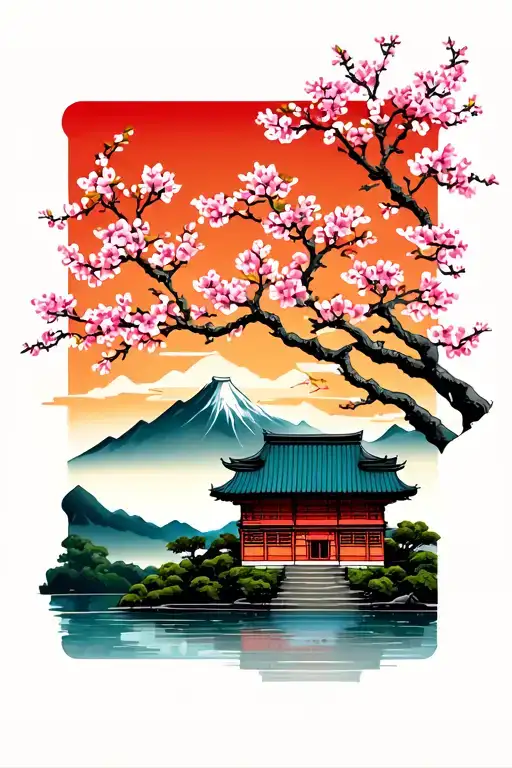 Cherry Blossom Tree And Dojo With Mountains In The Background And Lake In The Foreground