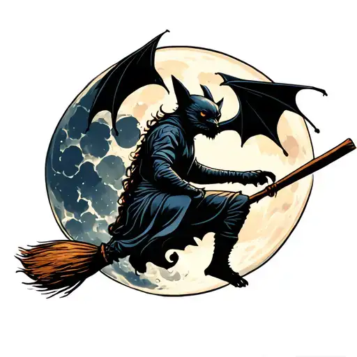 Bat Riding Broom In Front Of Moon