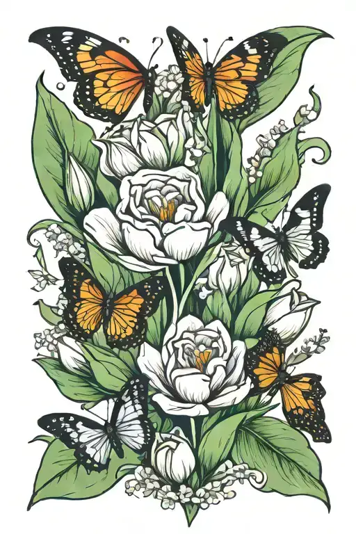 Tulip Bouquet Surrounded With Butterflies Flying