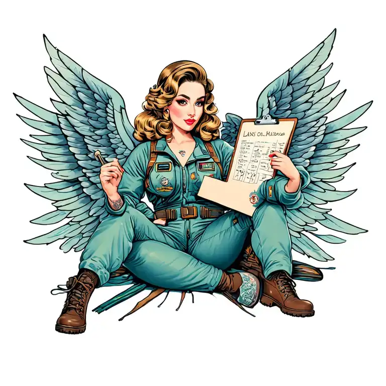 Pinup Girl Wearing Flight Suit In Alluring Seated Position Holding Clipboard