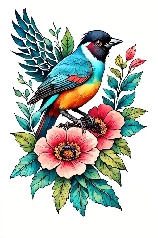 Bird On Flowers And Leaves