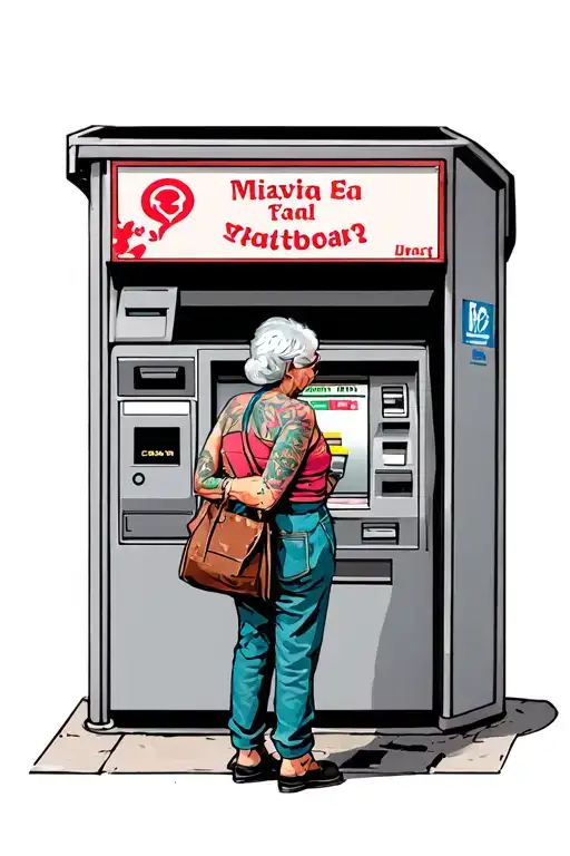Granny With A Bag Stands Near An Atm