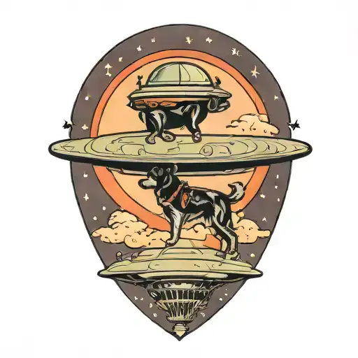 A Dog And Woman Being Lifted Up Into A Ufo Hovering