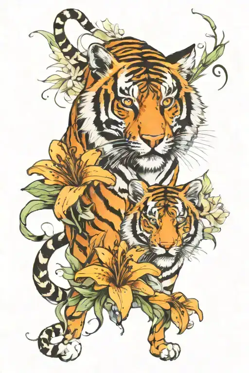 Tiger Full Body And Tiger Lily Flowers