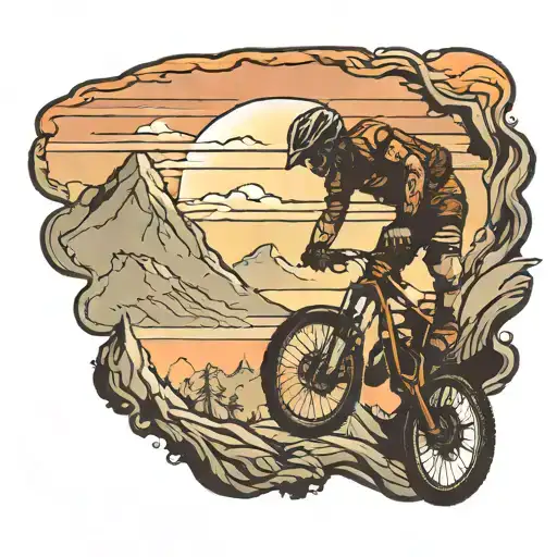 A Neotraditional Design Of A Mountain Biker Conquering A Steep Hill With A Sunset Backdrop