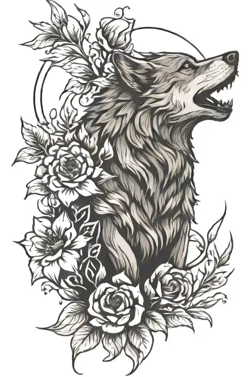 Wolf Looking Through Large Flowers