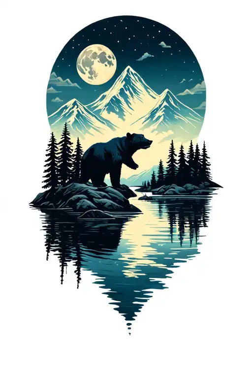 Mountain Outdoor With Lake And Bear Silhouette Under A Night Moon Filled Sky