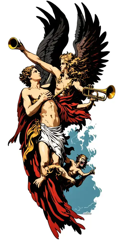 Angels Fighting Demons Flying With Open Wings And Heavens Gates In Background And Trumpets Playing