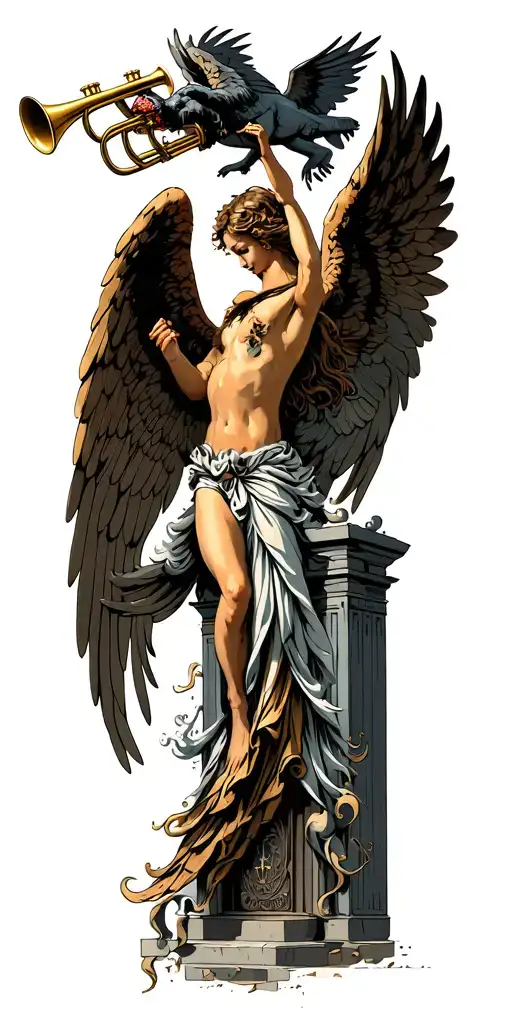 Angels Fighting Demons Flying With Open Wings And Heavens Gates In Background And Trumpets Playing