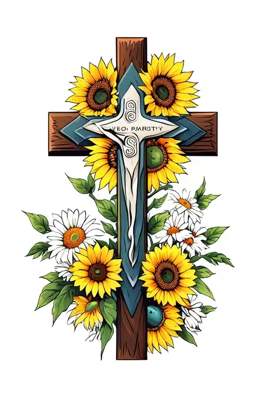 A Christian Cross Tattoo With Sunflowers Daisies And The Fruits Of The Spirit
