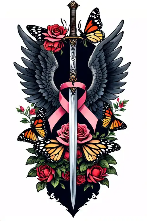 Wings With Sword And Roses With A Cancer Ribbon And Monarch Butterflies