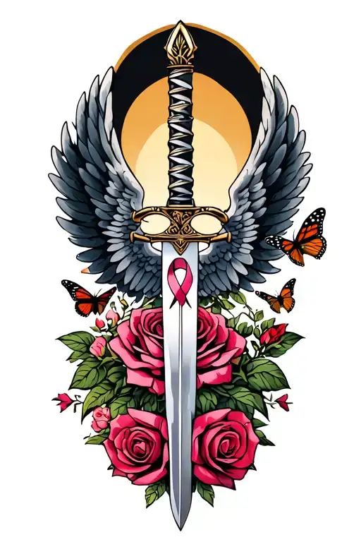 Wings With Sword And Roses With A Cancer Ribbon And Monarch Butterflies