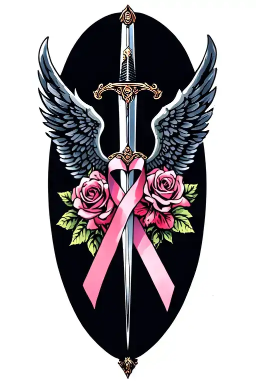 Wings With Sword And Roses With A Cancer Ribbon And