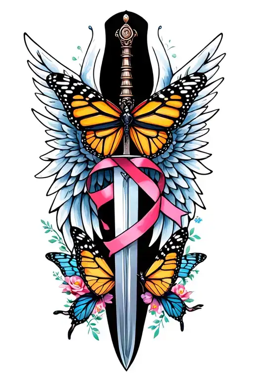 Wings With Sword With A Cancer Ribbon And Monarch Butterflies