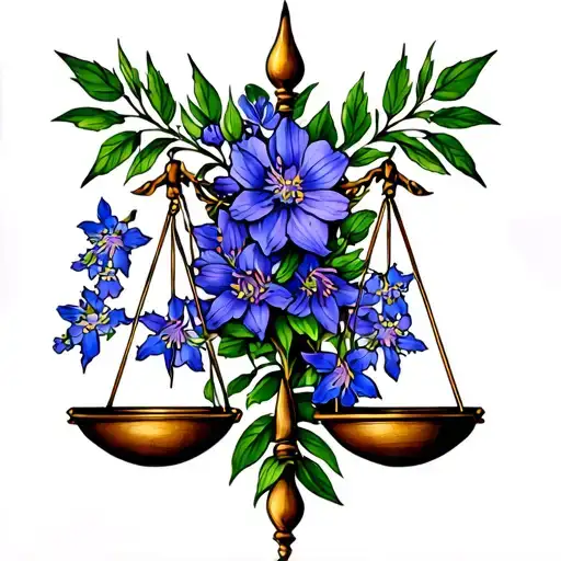 Scales Of Libra Wrapped In Larkspur Flowers Intertwined