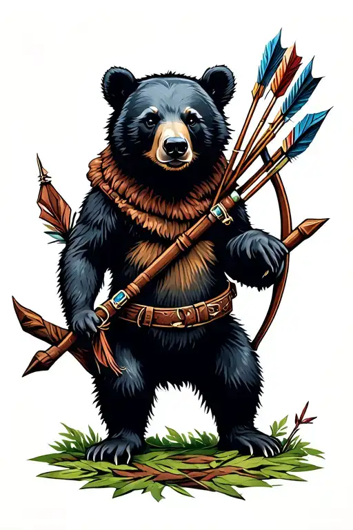 Black Bear Cub With Bow And Arrow And Quiver Of Arrows