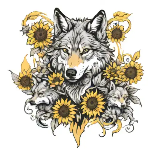 Wolf And Two Babies With Sunflowers