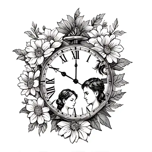 Mother And Son Tatoo With Time And Flowers