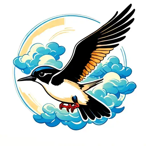 Traditional Swallow Bird Flying With Clouds Surrounding
