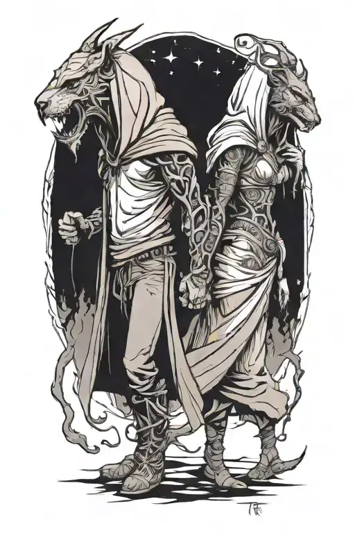 A Girl And A Huge Hooded Beast Walking Side By Side Holding Hands