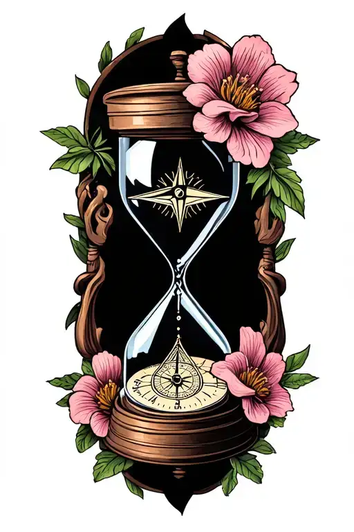 Create A Tattoo With An Hour Glass And Compass Surrounded By Flowers
