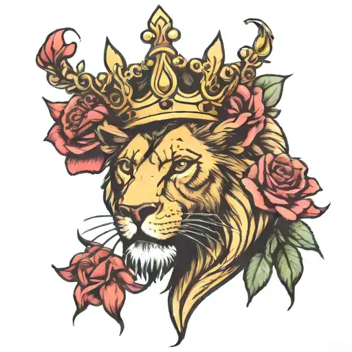 Lion Head With Crown And Rose