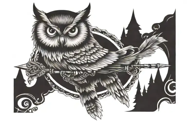 Owl On A Wolf Perched On A Bow Arrows