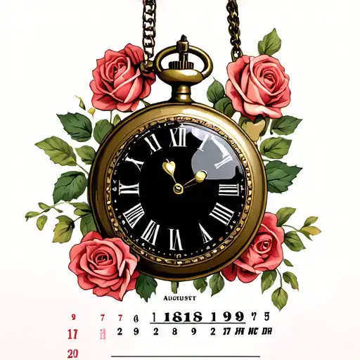 Heart Shaped Pocket Watch In Front Of An August 1995 Calander Surrounded By Roses