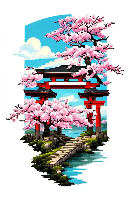 Cherry Blossom Tree With Shinto Shrine