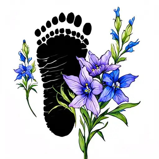 Baby Footprint Trailing Larkspur Flower And Gladiola Surrounded