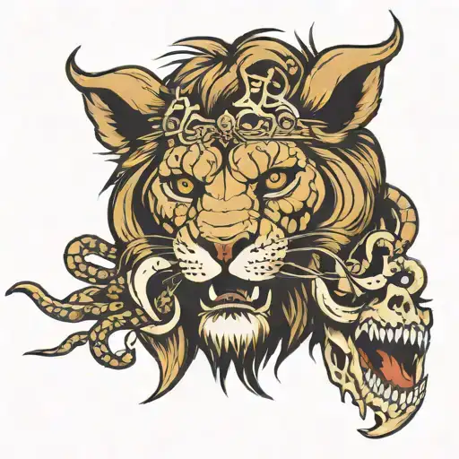 Lion Chewing On A Human Skull With Snakes Wrapping Around The Lion