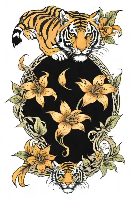 Tiger Full And Tiger Lily Flowers Intertwined