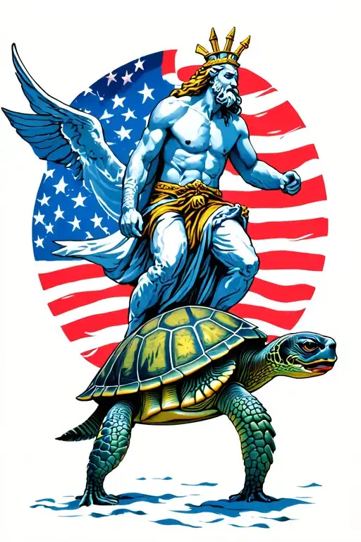 Zeus Riding On A Navy Shellback Turtle With A Star Spangled Background