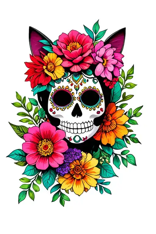 Catrina Mask Surrounded By Vibrant Flowers