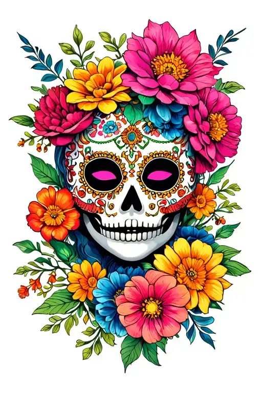 Catrina Mask Surrounded By Vibrant Flowers Symbolizing