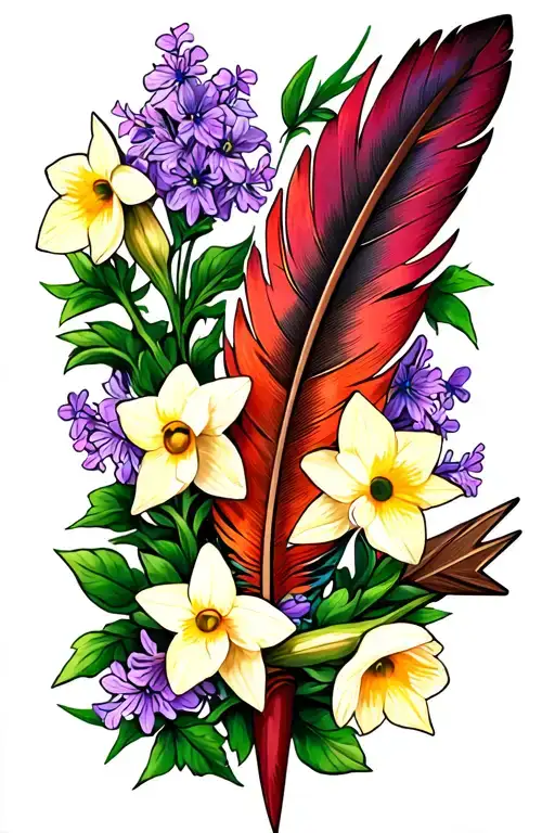 Feather Arrow Tattoo With Vines Wrapped Around The Arrow With Ehite Daffodils And Lilac Violets
