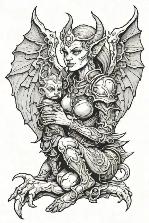 Female Gargoyle Warrior With Her Toddler