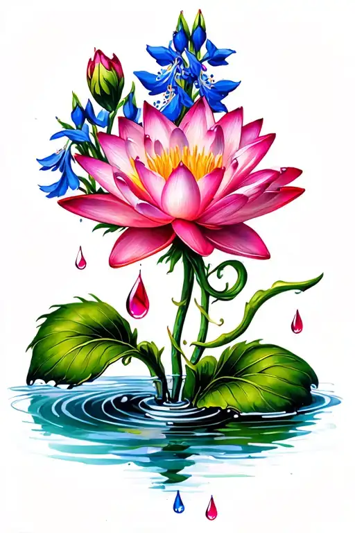 Water Lilly And Larkspur With Ruby Droplets