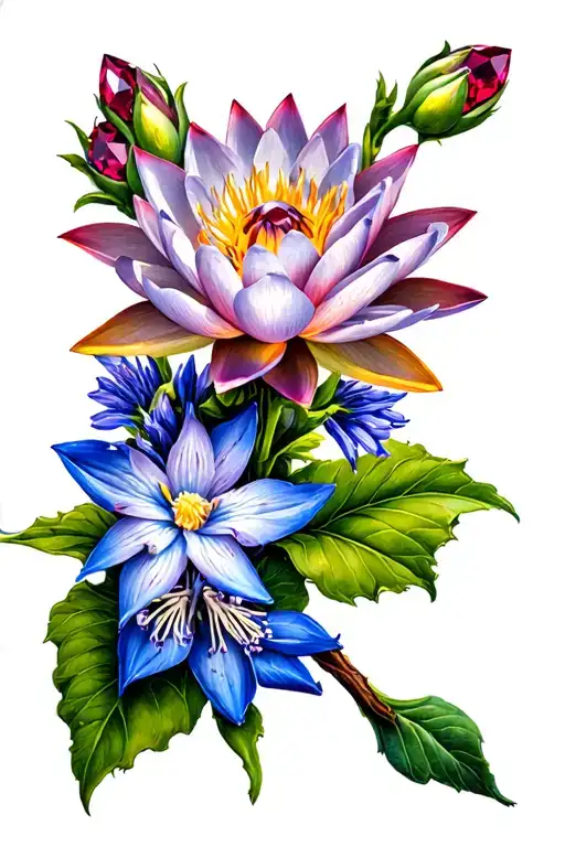 Water Lilly And Larkspur Budding With Rubies