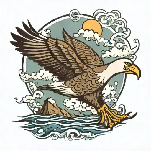 Albatross Flying Over The Sea With Its Wingspan And Looking Down At The Sea Celetic Design