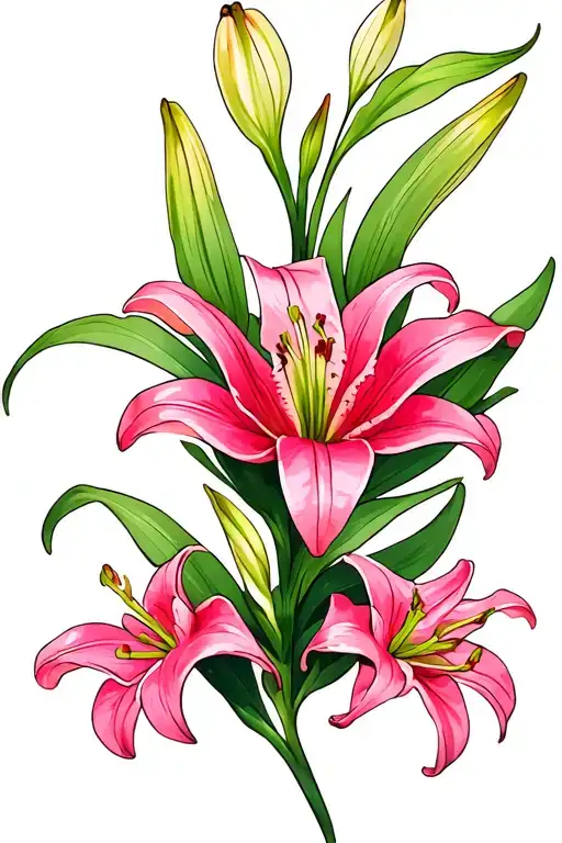 Lilies That Have A Green Stem And Flowers Are Bright Pink