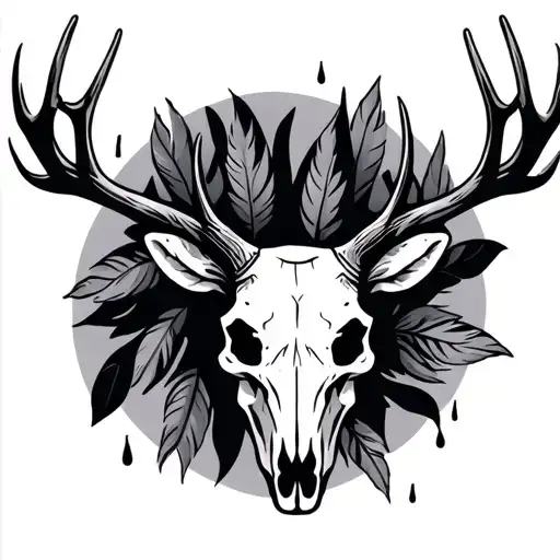 Deer Skull With Feathers Falling