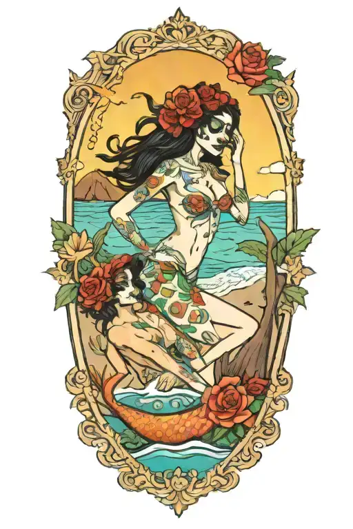 Day Of The Dead Tarot Card Featuring Beach Scene And Mermaids