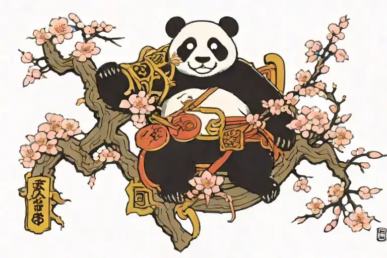 Kungu Fu Panda With Dragon Warrior Symbol And Master Ooways Cherry Blossom Tree