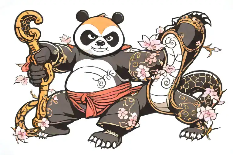 Kung Fu Panda With Dragon Warrior Symbol And Master Ooways Cherry Blossom Tree