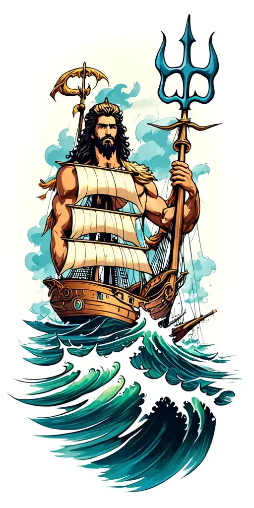 Poseidon With Trident And A Ship Sailing Through Stormy Seas