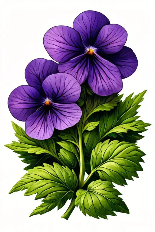 2 Purple Violets With Short Green Stem And 1 Green Leaf
