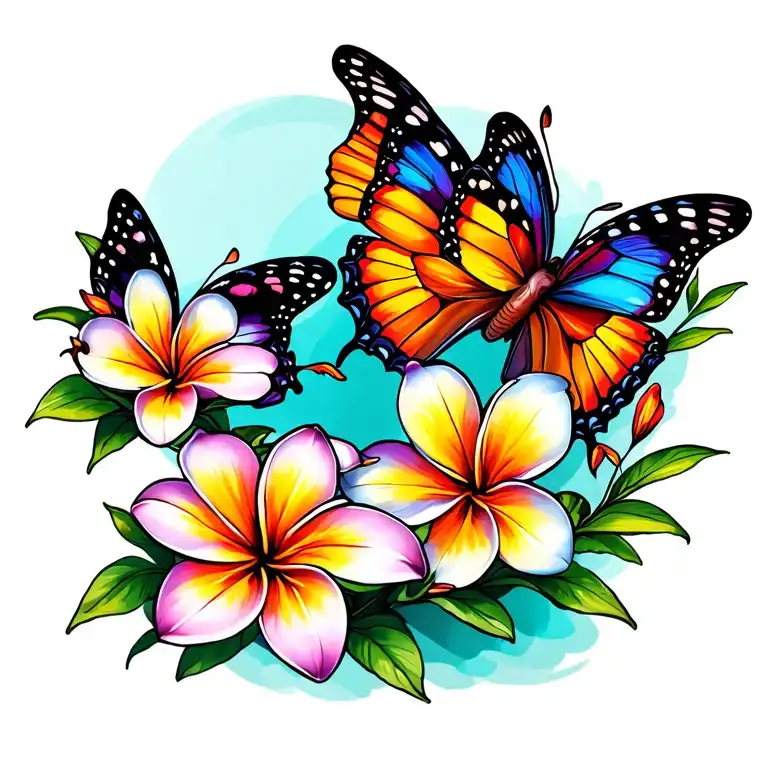 3 Butterfly Flying And Franjipani Flower