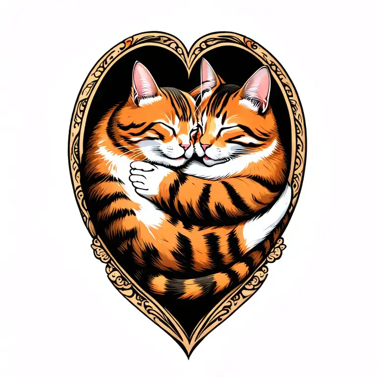 A Heart Shape That Looks Like An Orange Cat And A Brown Cat Sleeping And Hugging